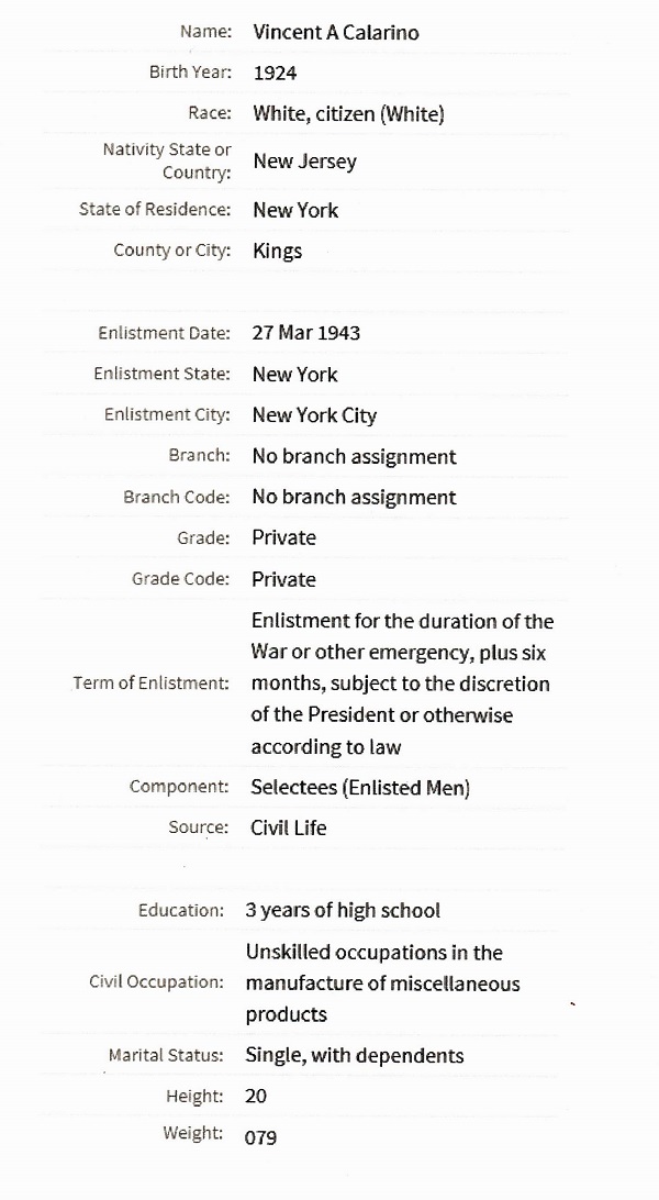 Vincent A. Calarino Military Records