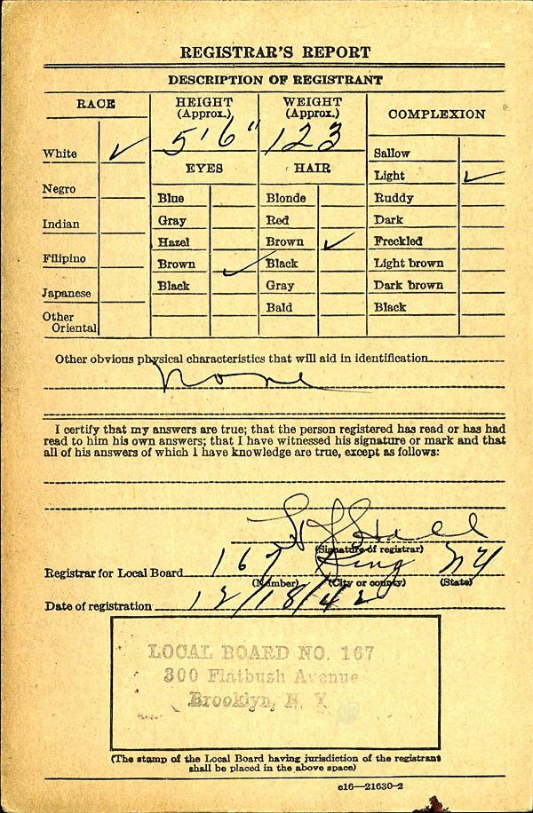 Vincent A. Calarino WW2 Draft Registration