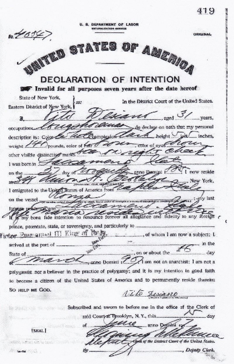 Vito Mario Desiano Naturalization Record
