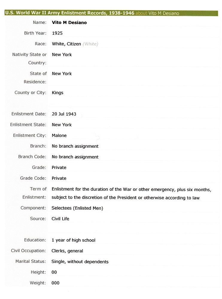 Vito Mario Desiano Jr. Military Record