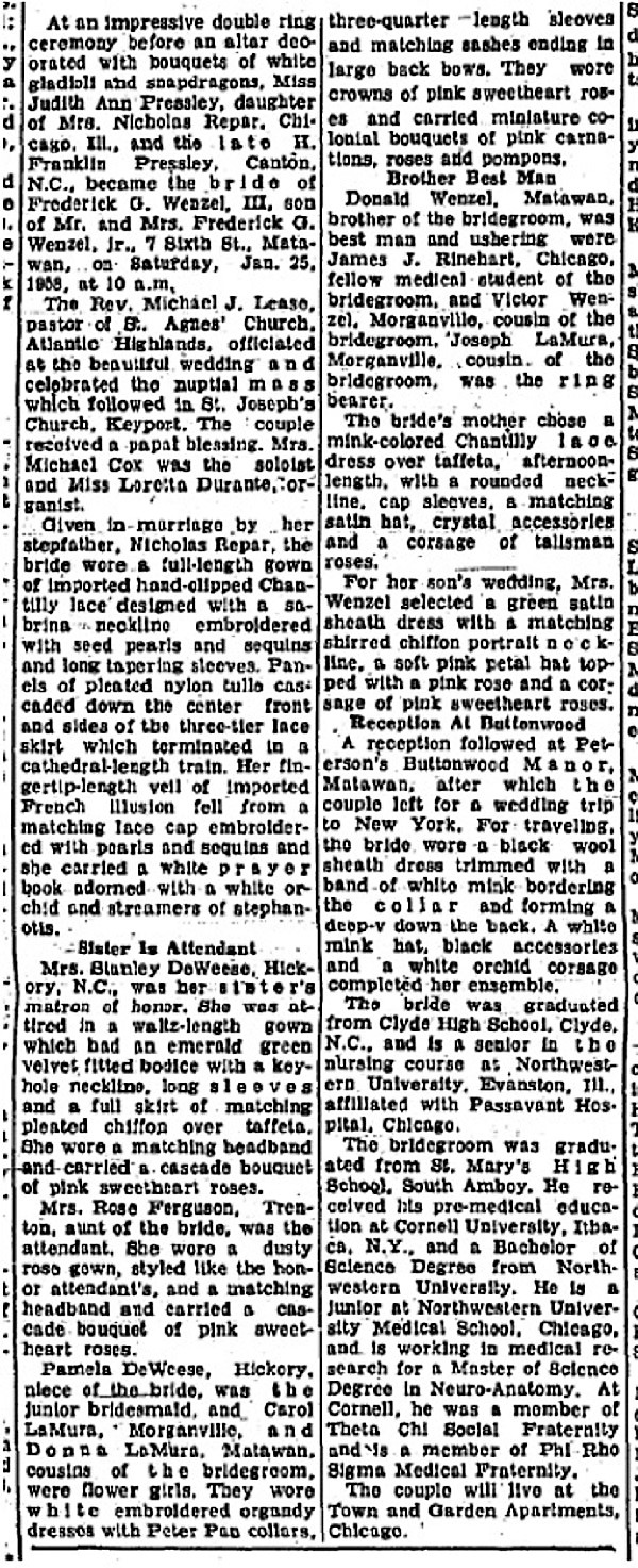 Frederick Wenzel Jr, and Judith Ann Pressley Marriage