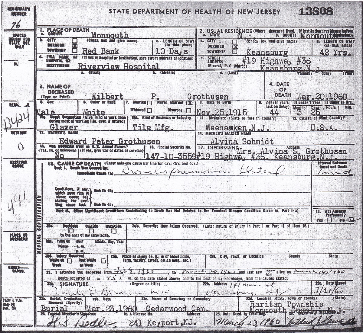 Wilbert Grothusen Death Certificate