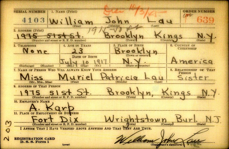 William John Lau WW2 Draft Registration