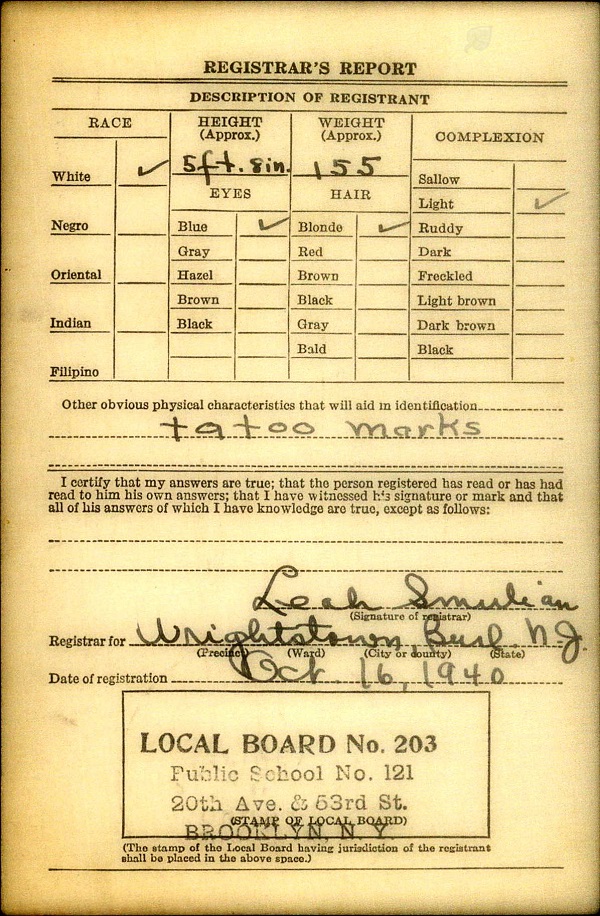 William John Lau WW2 Draft Registration