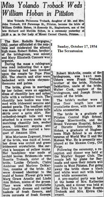 Yolanda Troback and William Hoban Marriage